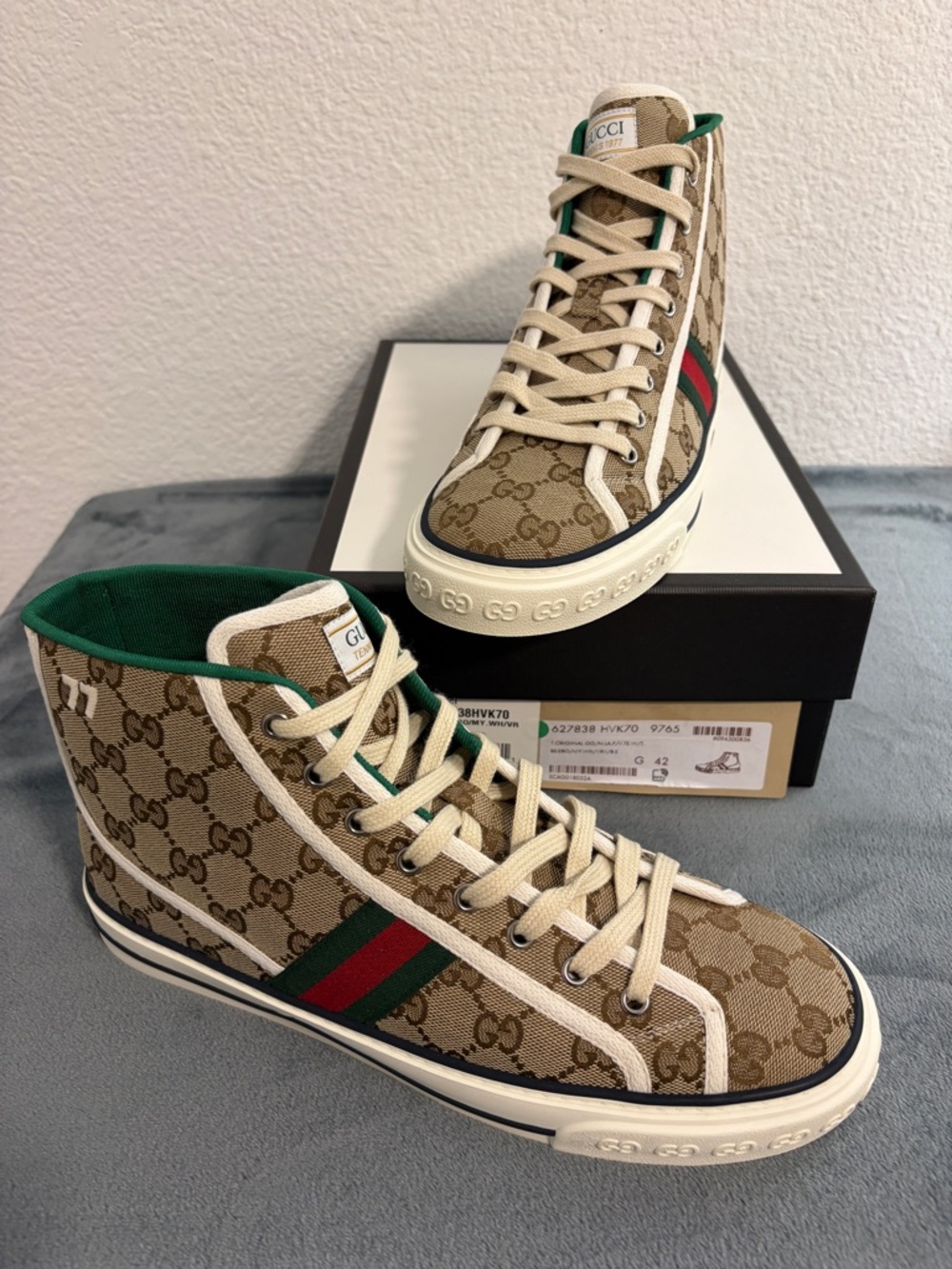 Brand New Women’s Gucci Tennis 1977 High Top Beige Ebony Sneakers Sz 42 (US 12 - Picture 3 of 10